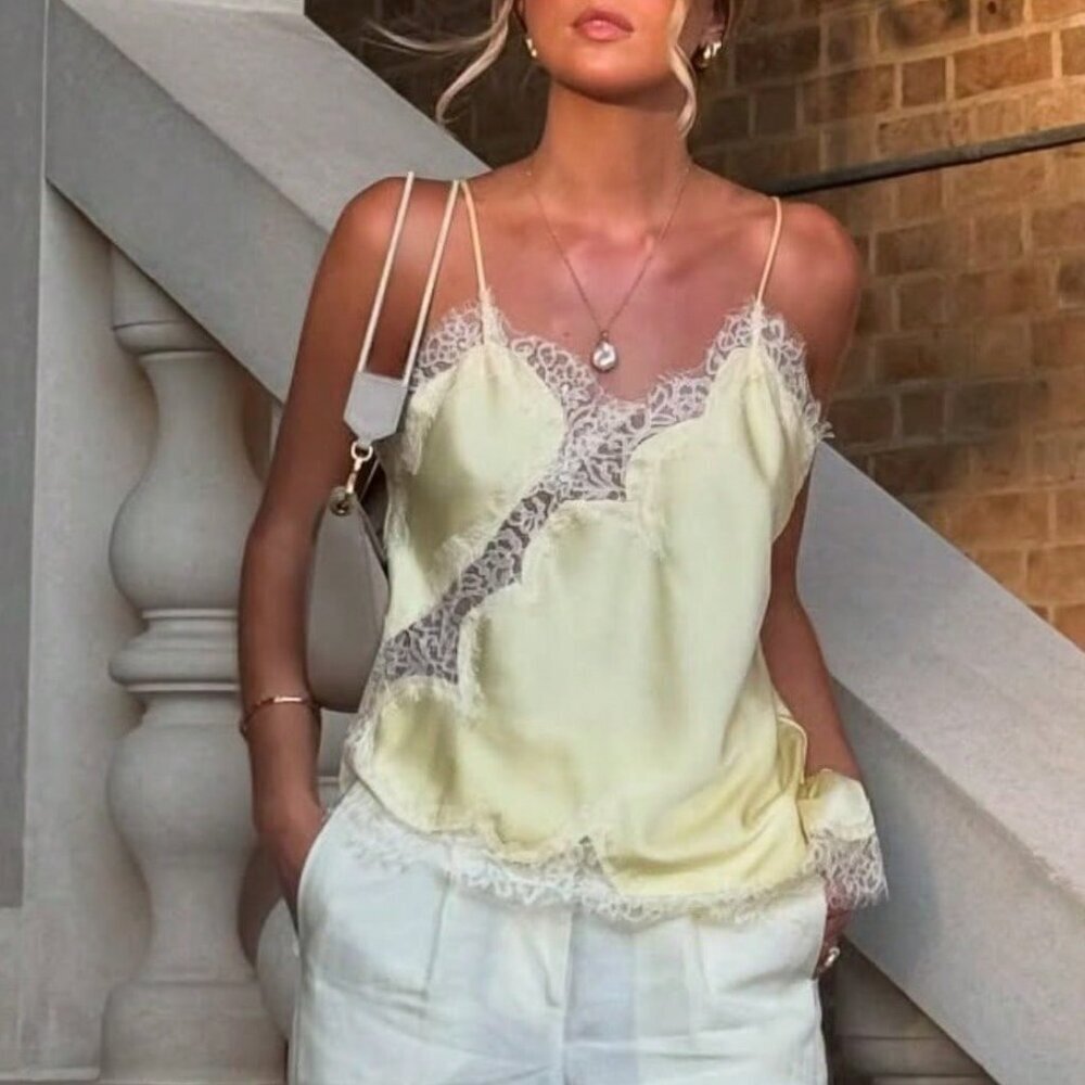 Yellow Casual Women's Satin Lace-Trim V-Neck Spaghetti-Strap Backless Crop Top